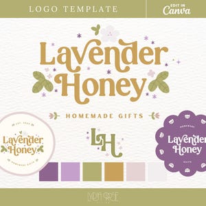 May include: A logo template with the words "Lavender Honey" in a retro font, decorated with floral and leaf motifs. The design includes a circular logo, a monogram, and a scalloped badge, using a palette of purple, green, and gold. The text "Homemade Gifts" is also visible.