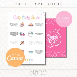 Rainbow Cake Care Card - A6 / 4.25x5.5" Cake Care for Bakery - Editable in Canva Bakery Brand - Bakery Stationery - Bakery Cake Care Guide