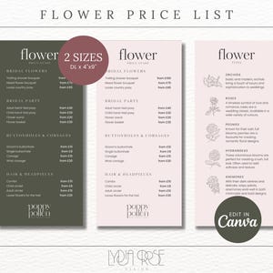 Cennik luksusowych kwiaciarni - Cennik dla kwiaciarni - Edytowalny w Canva Wedding Brand - Cennik kwiaciarni ślubnych - DL UK, 4x9 US Rozmiar papieru