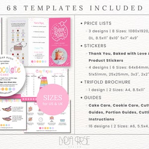 May include: A pink and white printable template set for cake businesses. The set includes 68 templates for price lists, stickers, a trifold brochure, and guides for cake care, cookie care, cutting, and portioning. The templates feature a pink and white color scheme with a cute cartoon cake design.