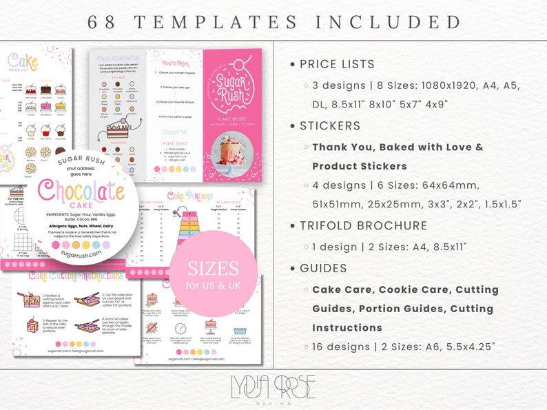May include: A pink and white printable template set for cake businesses. The set includes 68 templates for price lists, stickers, a trifold brochure, and guides for cake care, cookie care, cutting, and portioning. The templates feature a pink and white color scheme with a cute cartoon cake design.