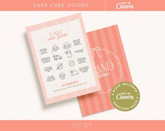 Plantilla editable para tarjeta de cuidado de pasteles: Instrucciones de la panadería Pink Bow (Descarga digital de plantilla de Canva)