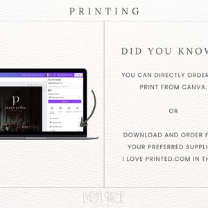 May include: A screenshot of a Canva design with the text "popps pollen" and a logo of a letter "P" in a purple circle. The text "PRINTING" is at the top of the image. The text "DID YOU KNOW... YOU CAN DIRECTLY ORDER AND PRINT FROM CANVA. OR DOWNLOAD AND ORDER FROM YOUR PREFERRED SUPPLIER. I LOVE PRINTED.COM IN THE UK" is on the right side of the image.