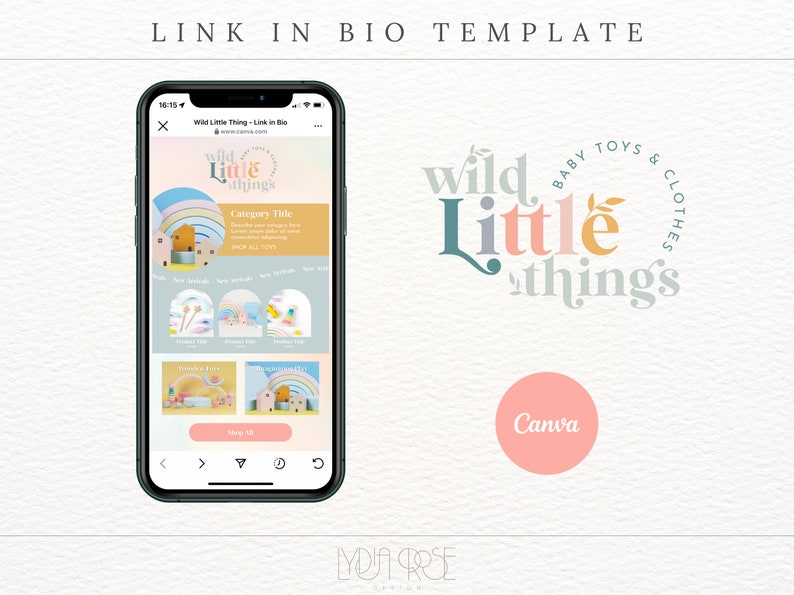 Op de afbeelding: Een mobiel telefoonscherm dat een link-in-bio-sjabloon weergeeft voor een winkel genaamd "Wild Little Things" die baby speelgoed en kleding verkoopt. Het sjabloon heeft een kleurrijk regenboogontwerp en een winkelbaar raster met producten. De tekst "Wild Little Things" wordt weergegeven in een speels lettertype met een bladerenontwerp.