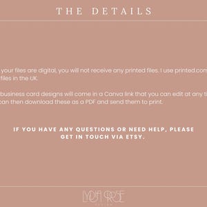 May include: Text on a pink background that reads "THE DETAILS" and explains that the files are digital and will be sent as a Canva link that can be edited. It also states that the buyer can download the files as a PDF and send them to print. The text also includes contact information for the seller.