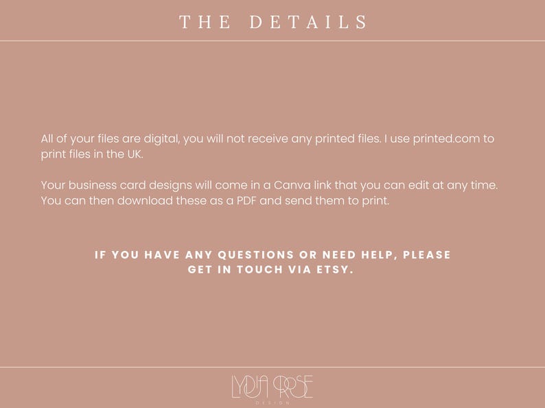 May include: Text on a pink background that reads "THE DETAILS" and explains that the files are digital and will be sent as a Canva link that can be edited. It also states that the buyer can download the files as a PDF and send them to print. The text also includes contact information for the seller.