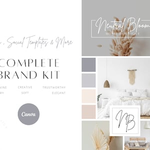 以下が含まれることがあります： 「ニュートラルブルーム」という名のホームブティックのブランドキット。キットには、3つのロゴ、ソーシャルメディアテンプレート、カラーパレットが含まれています。カラーパレットには、グレー、ベージュ、ホワイトのシェードが含まれています。ロゴは手書きのフォントで、「ニュートラルブルーム」と「NB」のテキストが使用されています。