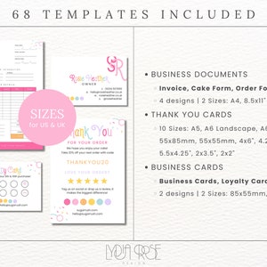 May include: A pink and white graphic design template set with 68 templates included. The set includes business documents, thank you cards, and business cards. The templates are available in various sizes for both US and UK.