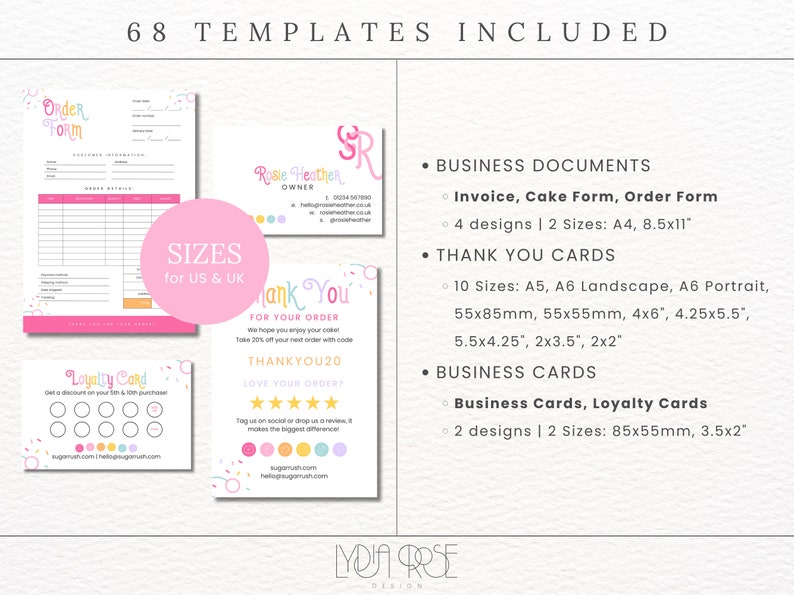 May include: A pink and white graphic design template set with 68 templates included. The set includes business documents, thank you cards, and business cards. The templates are available in various sizes for both US and UK.
