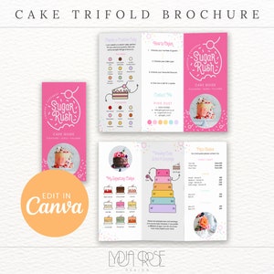 Broszura Rainbow Cake Trifold - Cennik dla piekarni - Edytowalny w Canva Bakery Brand - Artykuły papiernicze dla piekarni - Ulotka Trifold - Szablony Canva