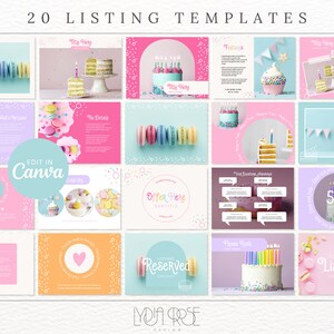 May include: Twenty colorful social media templates featuring a birthday cake theme with sprinkles, candles, macarons, and text boxes. The text on the templates includes "Title Here", "The Details", "Offer Here", "Reserved", "Custom Listing", and "Edit in Canva".