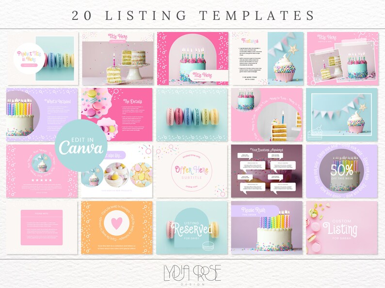 May include: Twenty colorful social media templates featuring a birthday cake theme with sprinkles, candles, macarons, and text boxes. The text on the templates includes "Title Here", "The Details", "Offer Here", "Reserved", "Custom Listing", and "Edit in Canva".