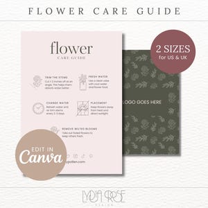 Cartões de cuidados de florista para impressão | Instruções de cuidados com flores de florista | Instruções de cuidados com buquês | Instruções de cuidados com flores minimalistas | Canva