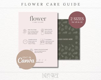 Tarjetas de cuidado de floristería imprimibles / Instrucciones para el cuidado de flores de floristería / Instrucciones para el cuidado de ramos / Instrucciones para el cuidado de flores minimalistas / Canva