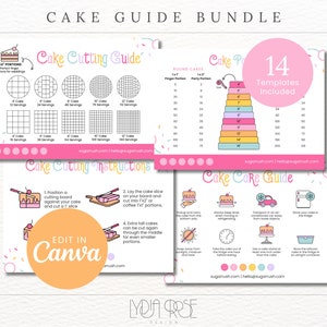 May include: A pink and white printable guide for cutting and caring for cakes. The guide includes 14 templates with instructions for cutting cakes into different serving sizes, a chart for round cakes, and tips for storing and transporting cakes.