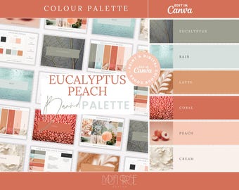 May include: A color palette design with the words "Eucalyptus Peach Brand Palette" and "Edit in Canva". The palette includes colors like eucalyptus green, peach, coral, and cream, with corresponding visual elements.