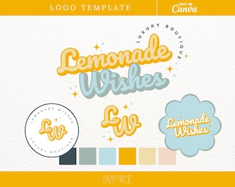 Editable Logo in Canva - Yellow Sparkle Retro Logo Design - Feminine Branding - Logo Design for Small Business - Logo Template for Canva