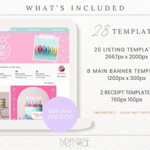 May include: A set of 28 Etsy shop templates for selling baked goods. The templates are in pink and white with a fun, colorful design. The templates include 20 listing templates, 8 main banner templates, and 2 receipt templates. The templates are designed to be used with photos of your baked goods.
