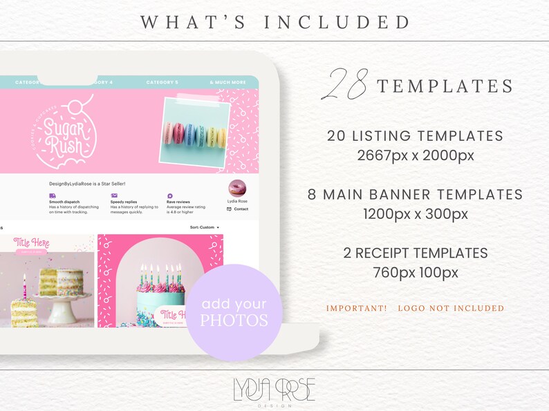 May include: A set of 28 Etsy shop templates for selling baked goods. The templates are in pink and white with a fun, colorful design. The templates include 20 listing templates, 8 main banner templates, and 2 receipt templates. The templates are designed to be used with photos of your baked goods.