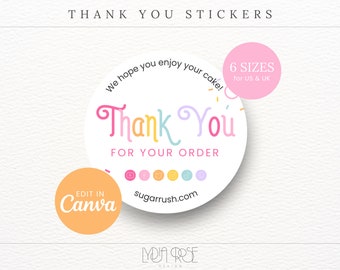 Rainbow Thank You Stickers - UK & US Sizes - Thank You Stickers for Bakery - Editable in Canva Bakery Brand - Bakery Stationery
