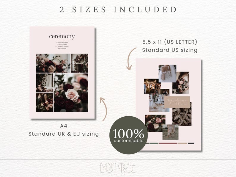 May include: Two printable wedding ceremony templates in different sizes: 8.5 x 11 inches (US Letter) and A4 (standard UK & EU sizing). The templates feature a collage of images with a floral theme and the word "ceremony" in a minimalist font. The templates are 100% customizable.