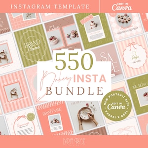 May include: A collection of 550 bakery-themed Instagram templates in a variety of pastel colors. The templates feature images of baked goods, text, and decorative elements. The text includes "Instagram Template", "Edit in Canva", and "Bakery Insta Bundle".