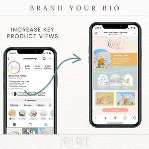 Op de afbeelding: Een screenshot van een mobiele telefoon die een Instagram-profiel voor een winkel genaamd "Wild Little Things" weergeeft. Het profiel heeft 4.870 berichten, 70,5k volgers en 2.958 volgers. De profielbeschrijving luidt "Shopping & retail. Shopping for Little Ones. Beautiful Products. Perfect for Everyone." Het profiel bevat ook een link naar de website van de winkel en een knop "Winkel bekijken". Het telefoonscherm toont ook een productlijst voor "Wild Little Things" met een kleurrijk ontwerp en de tekst "Category Title". De lijst bevat een knop "Alle speelgoed kopen".