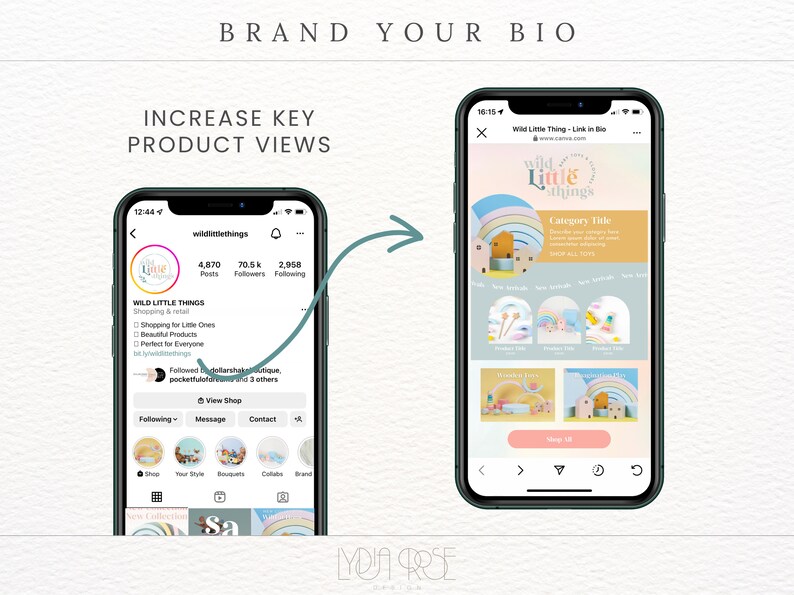 Op de afbeelding: Een screenshot van een mobiele telefoon die een Instagram-profiel voor een winkel genaamd "Wild Little Things" weergeeft. Het profiel heeft 4.870 berichten, 70,5k volgers en 2.958 volgers. De profielbeschrijving luidt "Shopping & retail. Shopping for Little Ones. Beautiful Products. Perfect for Everyone." Het profiel bevat ook een link naar de website van de winkel en een knop "Winkel bekijken". Het telefoonscherm toont ook een productlijst voor "Wild Little Things" met een kleurrijk ontwerp en de tekst "Category Title". De lijst bevat een knop "Alle speelgoed kopen".