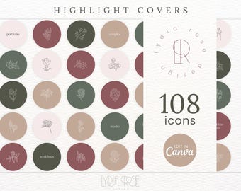 108 portadas destacadas de Instagram / Íconos de flores / Destacados de flores / Marco floral / Conjunto de flores / Ícono de redes sociales / Ilustración dibujada a mano