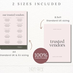 May include: A printable wedding vendor list template in two sizes: 8.5x11 inches (standard US sizing) and A4 (standard UK & EU sizing). The template features a pink background with the text "our trusted vendors" and a space for a logo. The template is 100% customizable.
