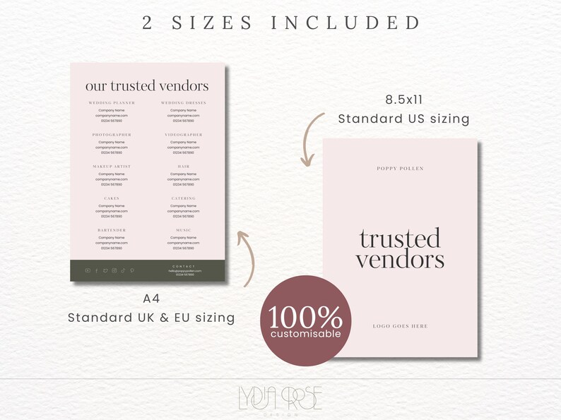 May include: A printable wedding vendor list template in two sizes: 8.5x11 inches (standard US sizing) and A4 (standard UK & EU sizing). The template features a pink background with the text "our trusted vendors" and a space for a logo. The template is 100% customizable.