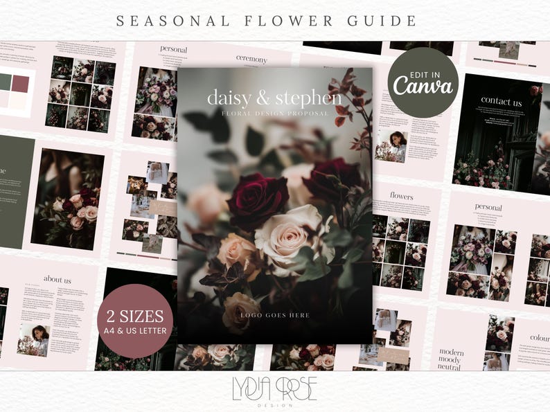 May include: A floral design guide for weddings with a dark, moody aesthetic. The cover features a bouquet of burgundy and white roses with greenery. The text on the cover reads "daisy & stephen floral design proposal".