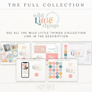 Op de afbeelding: Een verzameling digitale branding-middelen voor een bedrijf genaamd "Wild Little Things". De collectie omvat Instagram-sjablonen, bewerkbare visitekaartjes, een complete merkset en highlight-covers. De merkset bevat een logo, een kleurenpalet en lettertypen. De highlight-covers bevatten 147 pictogrammen.