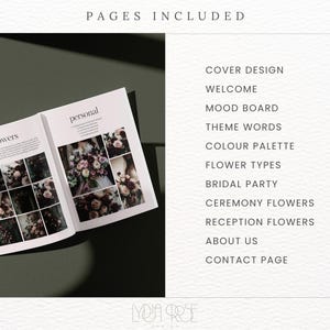 May include: A wedding planning guide with pages for cover design, welcome, mood board, theme words, color palette, flower types, bridal party, ceremony flowers, reception flowers, about us, and contact page.