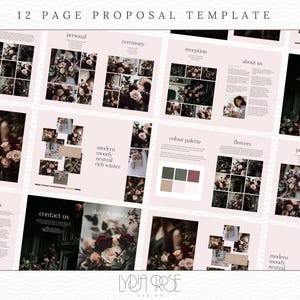 May include: A 12-page wedding proposal template with a modern, moody, neutral, rich winter theme. The template features images of floral arrangements, color palettes, and text about the wedding.