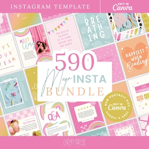 Könnte beinhalten: Eine Sammlung von Instagram-Vorlagen in Pastellfarben wie Rosa, Gelb und Blau. Die Vorlagen zeigen Text-Overlays mit Sätzen wie "Live Your Dream" und "Happiest When Reading". Das Bild enthält auch den Text "590 Mega Insta Bundle".