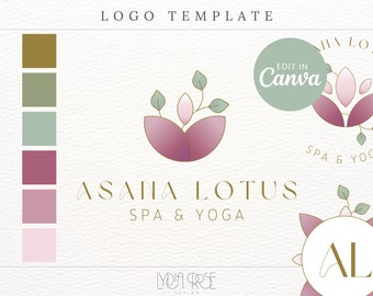 Pink Yoga Logo -  INSTANT Canva Logo - Pink Boho Branding - Spa Logo - Lotus Logo  - Wellness Logo - Mini Branding Kit - Asana Logo