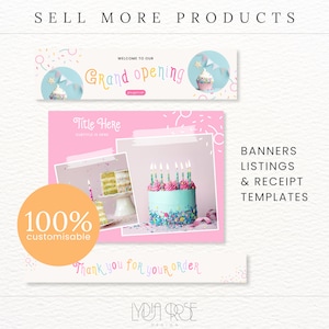 May include: A set of customizable social media templates for businesses selling baked goods. The templates feature a pink background with colorful sprinkles and a cupcake graphic. The text on the templates includes "Welcome to our Grand Opening", "Title Here", "Thank you for your order", and "100% customizable".