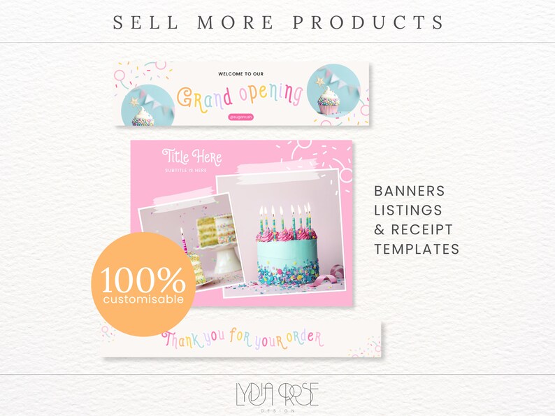 May include: A set of customizable social media templates for businesses selling baked goods. The templates feature a pink background with colorful sprinkles and a cupcake graphic. The text on the templates includes "Welcome to our Grand Opening", "Title Here", "Thank you for your order", and "100% customizable".
