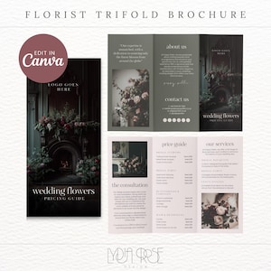 Modelli per fioristi / Modello di prezzi aziendali / Guida ai prezzi della brochure per fioristi per matrimoni / Volantino pieghevole a tre ante per fioristi Canva / Listini prezzi /