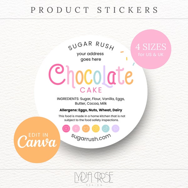 Rainbow Product Stickers - UK & US Sizes - Cottage Law Label Stickers - Editable in Canva Bakery Stationery - Product Sticker Template