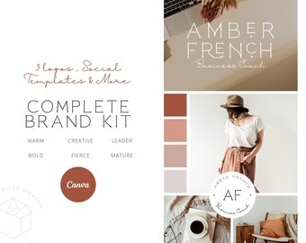 Puede incluir: Un kit de marca completo para un coach de negocios llamado Amber French. El kit incluye tres logotipos, plantillas para redes sociales y mucho más. La paleta de colores es cálida e incluye tonos de marrón, rosa y beige. El kit está diseñado para ser utilizado con Canva.