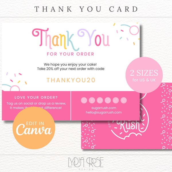 Rainbow Thank You Card - A6 / 5.5x4.25" Thank You Card for Bakery - Editable in Canva Bakery Brand - Bakery Stationery - Bakery Thank You