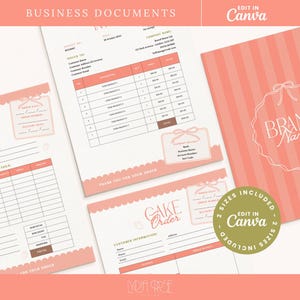 May include: A collection of peach-colored business documents, including an invoice, order form, and cake order, with decorative scalloped edges. The documents feature the text "BUSINESS DOCUMENTS" and "BRAND Name". A round sticker reads "2 SIZES INCLUDED EDIT IN Canva".