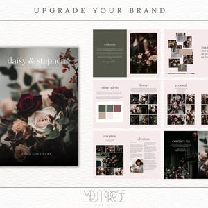 May include: A wedding stationery design template with a dark, moody color palette. The template features a floral arrangement with burgundy and blush roses, greenery, and a black background. The text "daisy & stephen" is displayed in a white font. The text "floral design proposal" is displayed in a smaller white font. The text "logo goes here" is displayed in a white font.