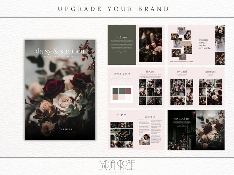 May include: A wedding stationery design template with a dark, moody color palette. The template features a floral arrangement with burgundy and blush roses, greenery, and a black background. The text "daisy & stephen" is displayed in a white font. The text "floral design proposal" is displayed in a smaller white font. The text "logo goes here" is displayed in a white font.
