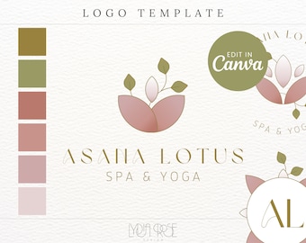 Pastel Yoga Logo Design Canva - Yoga Branding - Spa Logo  - Wellness Logo - Mini Branding Kit - Asana Lotus Logo -  Canva Logo Template