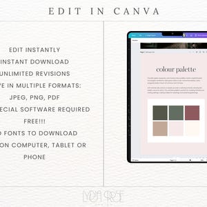 May include: A digital mockup of a Canva design template with a color palette of dark green, light green, pink, and beige. The text "colour palette" is displayed in a black font on a pink background. The text "EDIT IN CANVA" is displayed in a black font on a white background. The text "EDIT INSTANTLY, INSTANT DOWNLOAD, UNLIMITED REVISIONS, SAVE IN MULTIPLE FORMATS: JPEG, PNG, PDF, NO SPECIAL SOFTWARE REQUIRED FREE!!!, NO FONTS TO DOWNLOAD, EDIT ON COMPUTER, TABLET OR PHONE" is displayed in a black font on a white background.