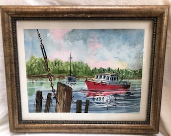Original Boat Ocean Harbor Scene Watercolor