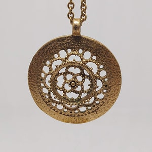 Vintage  floral bronze pendant and chain, delicate lace, Finland, Mid-century-modern, Finnish, Suomi, 1960-1970